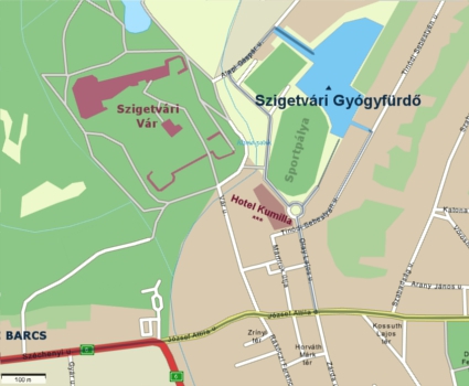 A képen a Szigetvári Gyógyfürdő megközelítési lehetőségei láthatok térkép formályában.